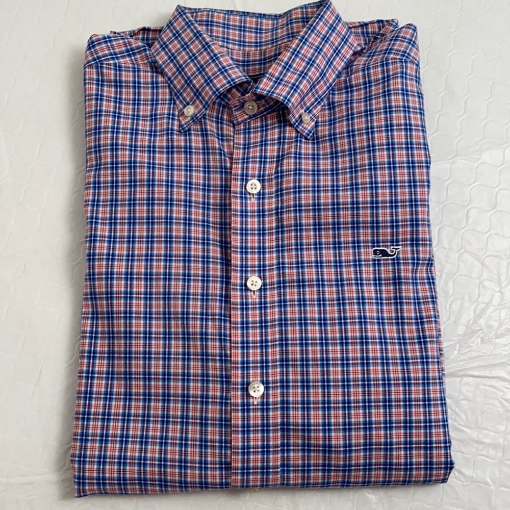 Vineyard Vines multicolor blue orange check button Whale down shirt